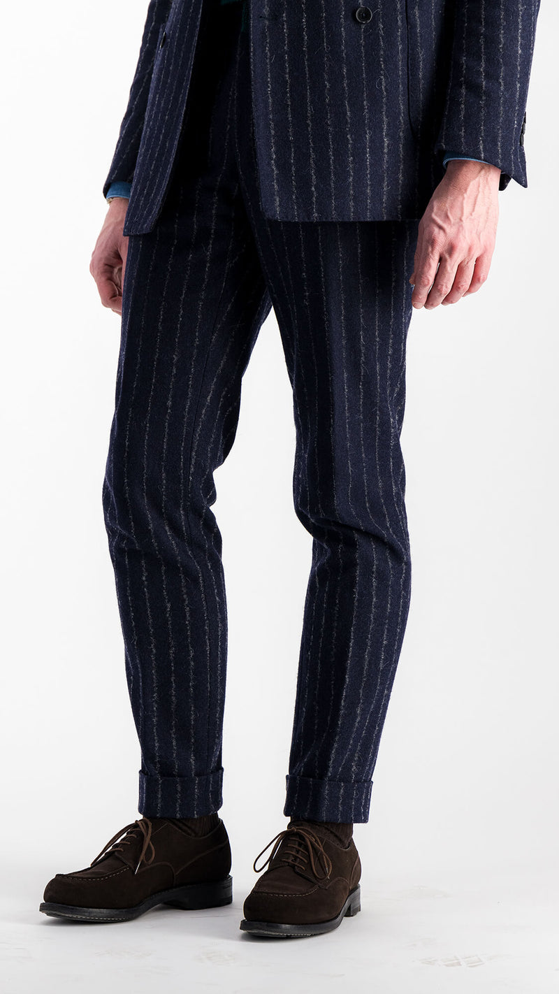 The Gabriel double-breasted suit: chalkstriped navy blue flannel